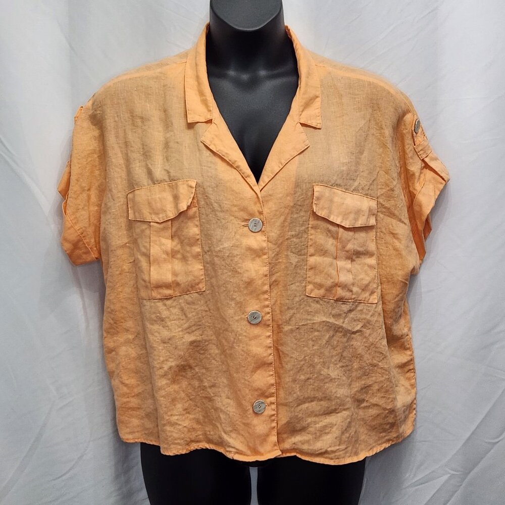 Andrew Marc New York 100% Linen Button Down Shirt Womens XL Orange Top QQ08